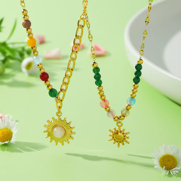 Wholesale Women's Stainless Steel And Titanium Steel Geometric Beaded Sun Pendant Necklace With Electroplating