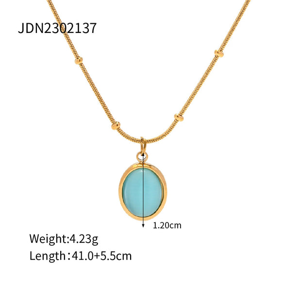 Wholesale Women's Stainless Steel And Titanium Steel Geometric Blue Opal Necklace With 18K Gold Plated Electroplating Treatment