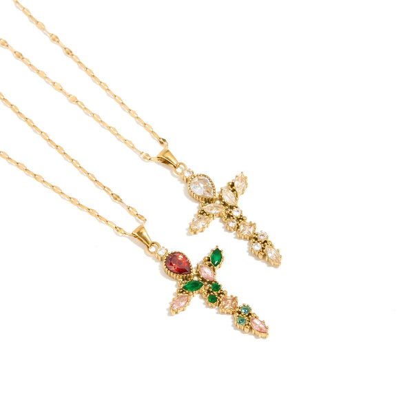 Wholesale Women's Stainless Steel And Titanium Steel Geometric Cross Pendant Lip Chain Jewelry With Electroplating And Zirconium Inlaid