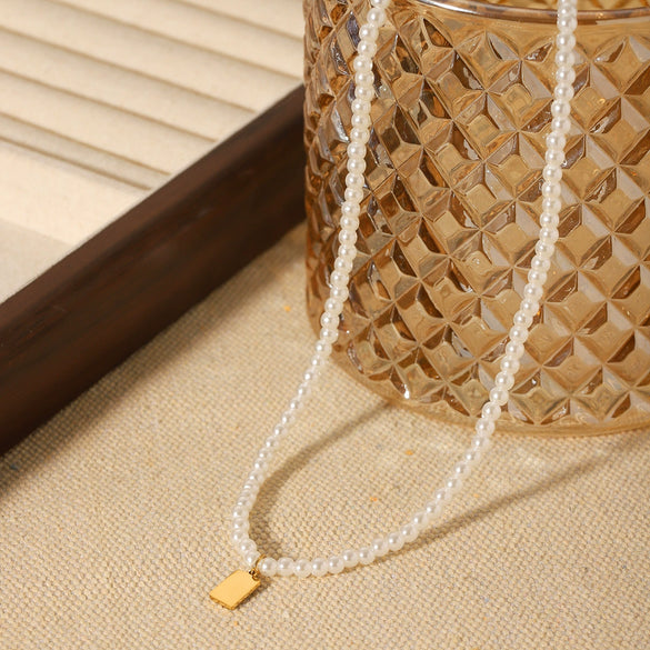 Wholesale Women's Stainless Steel And Titanium Steel Geometric Pendant Pearl Necklace With Electroplating
