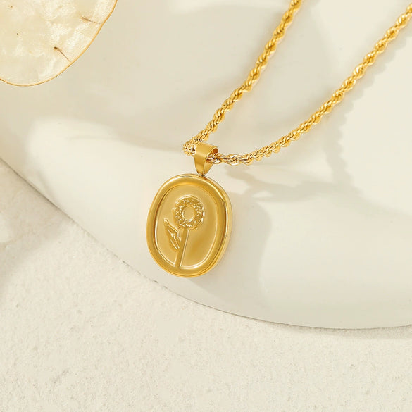 Wholesale Women's Stainless Steel And Titanium Steel Geometric Real Gold Plated Plant Flowers Style Rose Tag Clavicle Chain Necklace