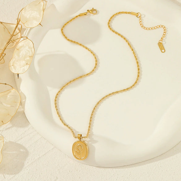 Wholesale Women's Stainless Steel And Titanium Steel Geometric Real Gold Plated Plant Flowers Style Rose Tag Clavicle Chain Necklace