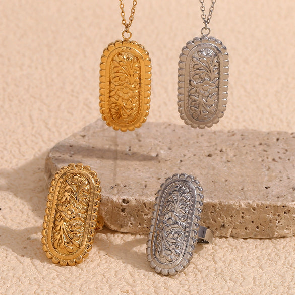 Wholesale Women's Stainless Steel And Titanium Steel Geometric Style Ring And Oval Relief Necklace With Sawtooth Flowers Retro Design And Electroplating