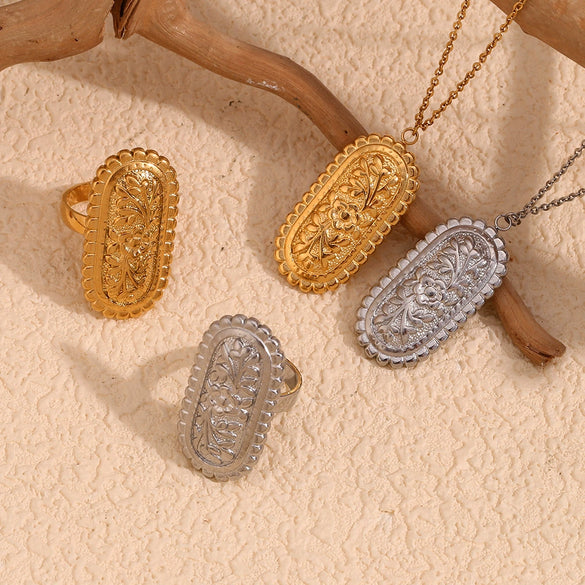 Wholesale Women's Stainless Steel And Titanium Steel Geometric Style Ring And Oval Relief Necklace With Sawtooth Flowers Retro Design And Electroplating