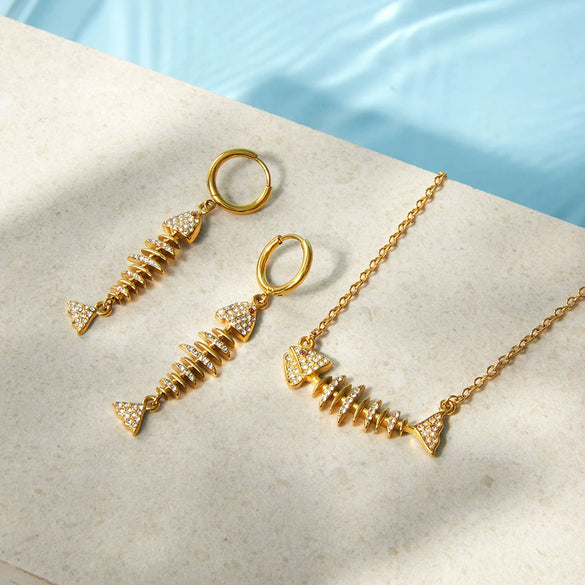 Wholesale Women's Stainless Steel And Titanium Steel Marine Life Animal Style Electroplated Earrings And Necklace Set