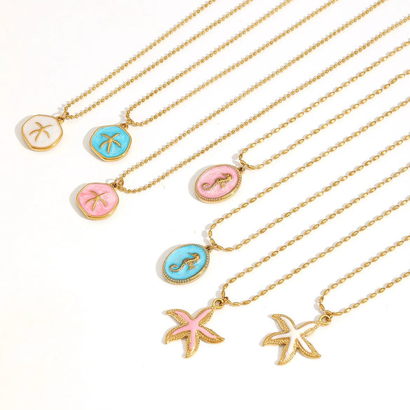 Wholesale Women's Stainless Steel And Titanium Steel Necklace With Oil Dripping Craft Geometric Pattern Starfish And Hippocampus Design