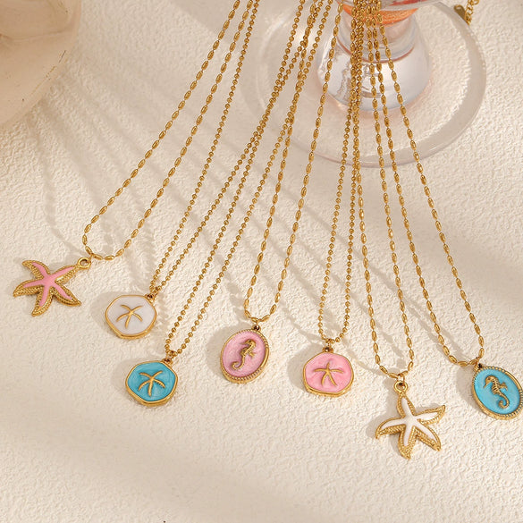 Wholesale Women's Stainless Steel And Titanium Steel Necklace With Oil Dripping Craft Geometric Pattern Starfish And Hippocampus Design