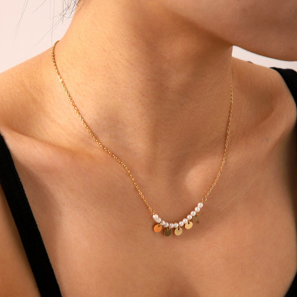Wholesale Women's Stainless Steel And Titanium Steel Pearl Necklace With Geometric Pendant And Ochain Electroplated Design