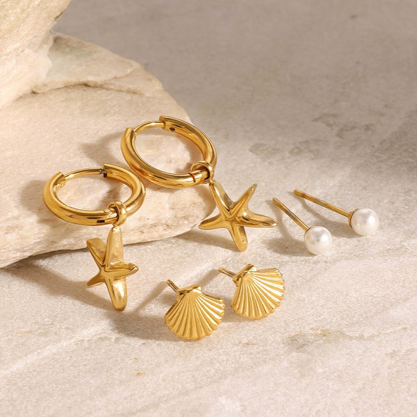 Wholesale Women's Stainless Steel Animal Starfish Earrings With Pearl And Shell Electroplated