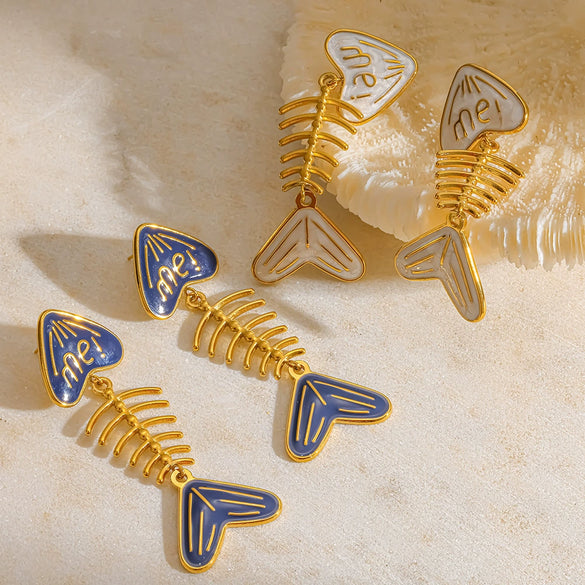 Wholesale Women's Stainless Steel Animal Zodiac Pattern Fishbone Earrings With Oil Drip Heart And Me Letter Pendant Vacuum Real Gold Plated