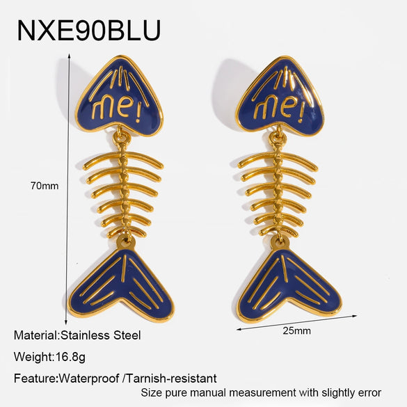 Wholesale Women's Stainless Steel Animal Zodiac Pattern Fishbone Earrings With Oil Drip Heart And Me Letter Pendant Vacuum Real Gold Plated