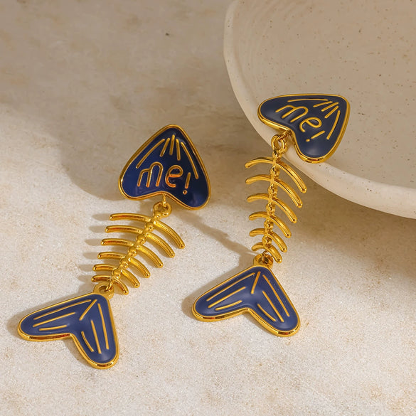 Wholesale Women's Stainless Steel Animal Zodiac Pattern Fishbone Earrings With Oil Drip Heart And Me Letter Pendant Vacuum Real Gold Plated