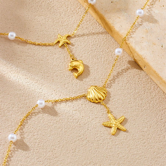 Wholesale Women's Stainless Steel Anklet With Ocean Series Animal And Zodiac Pattern Pendant And Tassel Chain