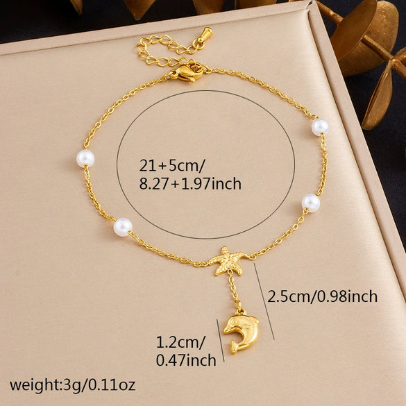Wholesale Women's Stainless Steel Anklet With Ocean Series Animal And Zodiac Pattern Pendant And Tassel Chain
