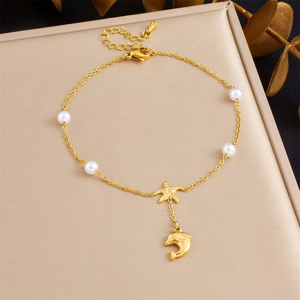 Wholesale Women's Stainless Steel Anklet With Ocean Series Animal And Zodiac Pattern Pendant And Tassel Chain
