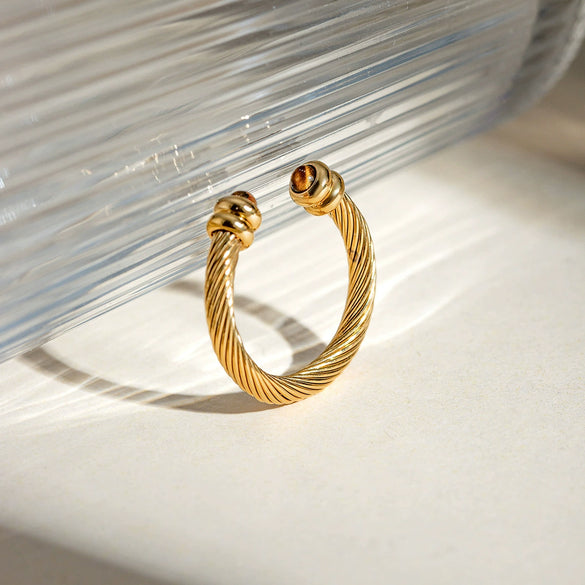 Wholesale Women's Stainless Steel Asymmetrical Opening Tiger Eye Stone Bead Ring Jewelry With Geometric Pattern And Electroplating Treatment