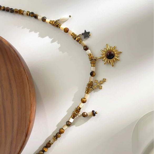 Wholesale Women's Stainless Steel Beaded Geometric Multipendant Necklace With Polished Plating