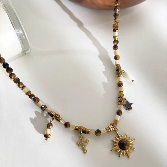 Wholesale Women's Stainless Steel Beaded Geometric Multipendant Necklace With Polished Plating