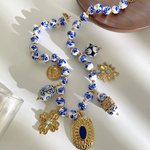 Wholesale Women's Stainless Steel Blue And White Porcelain Beaded Multipendant Necklace With Polished Electroplating And Handmade Beaded Chain