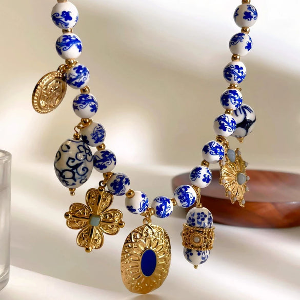 Wholesale Women's Stainless Steel Blue And White Porcelain Beaded Multipendant Necklace With Polished Electroplating And Handmade Beaded Chain