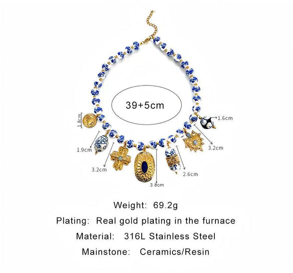 Wholesale Women's Stainless Steel Blue And White Porcelain Beaded Multipendant Necklace With Polished Electroplating And Handmade Beaded Chain