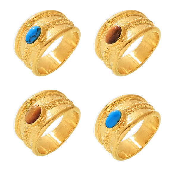 Wholesale Women's 316L Stainless Steel Blue Turquoise Tiger Eye Stone Geometric Twist Pattern Pvd Electroplated Ring