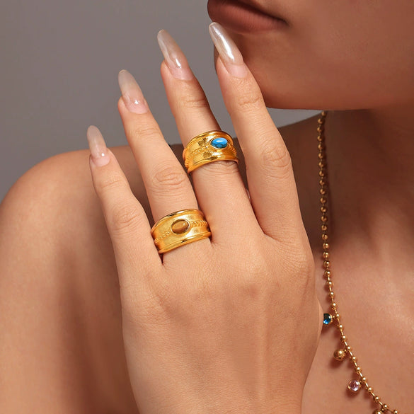 Wholesale Women's 316L Stainless Steel Blue Turquoise Tiger Eye Stone Geometric Twist Pattern Pvd Electroplated Ring