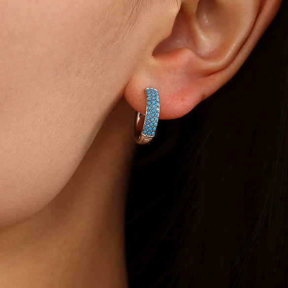 Wholesale Women's Stainless Steel Blue Turquoise Zircon Circle Buckle Earrings Hand Inlaid With Geometric Pattern And Electroplated