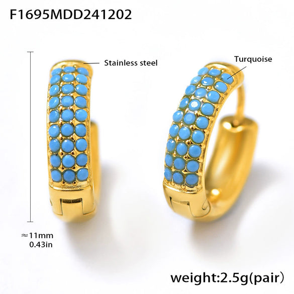 Wholesale Women's Stainless Steel Blue Turquoise Zircon Circle Buckle Earrings Hand Inlaid With Geometric Pattern And Electroplated