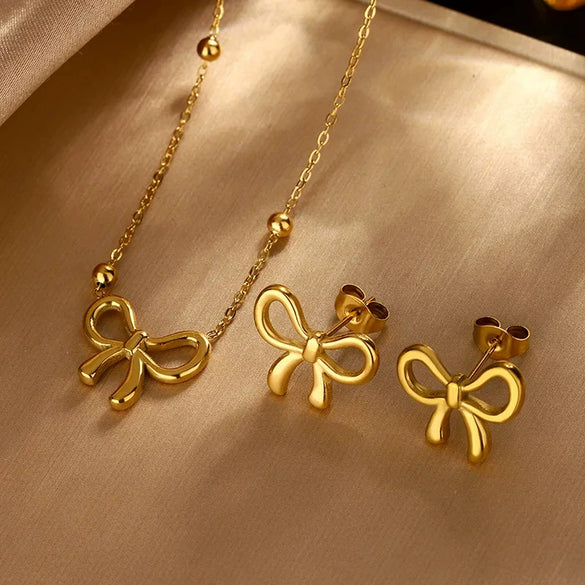 Wholesale Women's Stainless Steel Bow Jewelry Set With Butterfly Dragonfly Insect Patterns 18K Gold Plated
