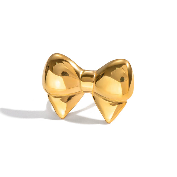 Wholesale Women's Stainless Steel Bow Tie Ring With Pvd Furnace Vacuum Real Gold Plating In Creamy Sweet Girl Style