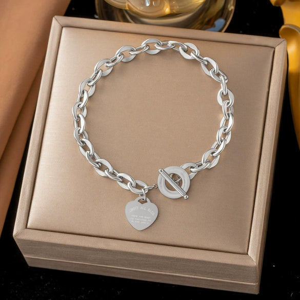 Wholesale Women's Stainless Steel Bracelet With Heartshaped And Ot Buckle Real Gold Plated Geometric Style Featuring Letters Numbers And Text