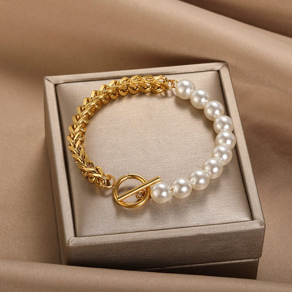 Wholesale Women's Stainless Steel Bracelet With Personality Stitching Chain And Pearl O Buckle In Ins Niche Design