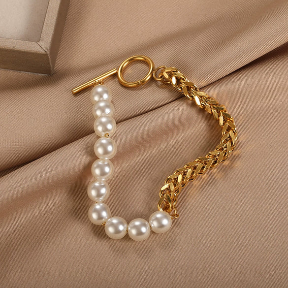 Wholesale Women's Stainless Steel Bracelet With Personality Stitching Chain And Pearl O Buckle In Ins Niche Design