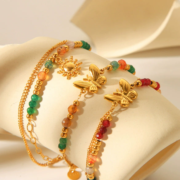 Wholesale Women's Stainless Steel Butterfly Animals Zodiac Geometric Vintage Natural Stone Electroplated Bracelet