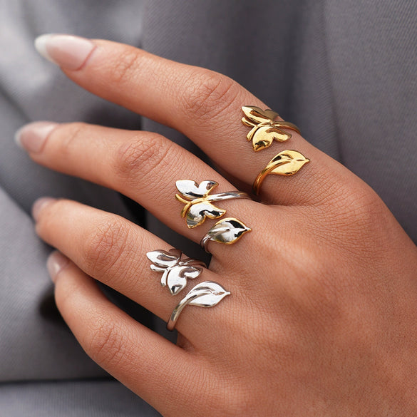 Wholesale Women's Stainless Steel Butterfly Ring With Pvd Furnace Vacuum Real Gold Plating And Ins Style