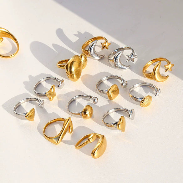 Wholesale Women's Stainless Steel Casting Electroplated Open Ring Set With Geometric And Flower Patterns