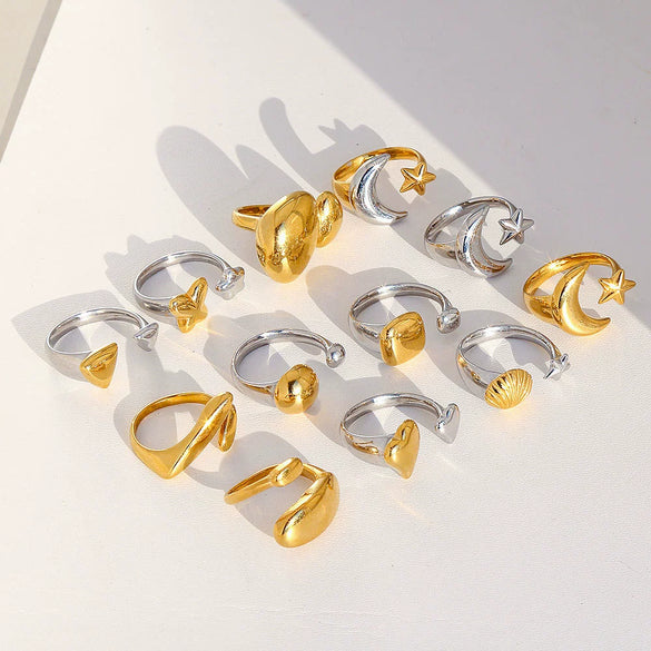 Wholesale Women's Stainless Steel Casting Electroplated Open Ring Set With Geometric And Flower Patterns