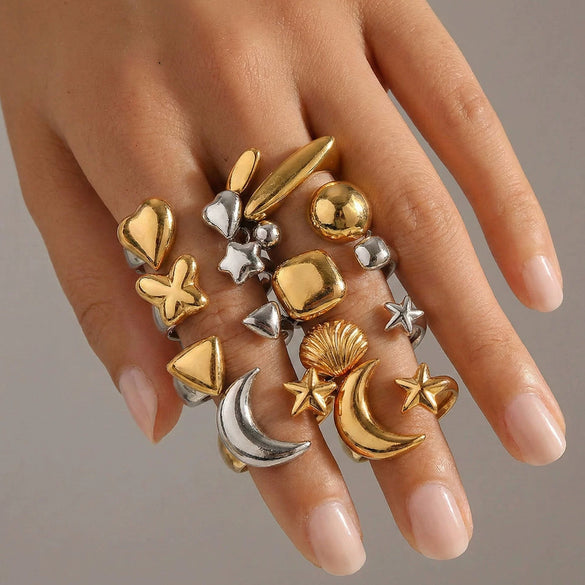 Wholesale Women's Stainless Steel Casting Electroplated Open Ring Set With Geometric And Flower Patterns
