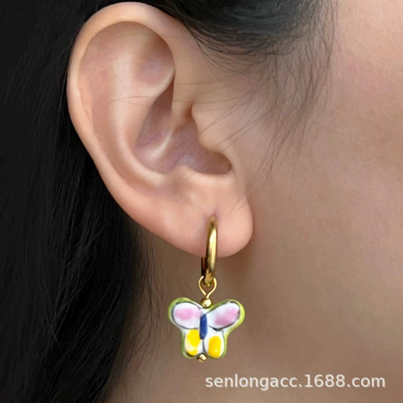 Wholesale Women's Stainless Steel Ceramic Earrings With Love Strawberry Butterfly And Teapot Patterns Electroplated
