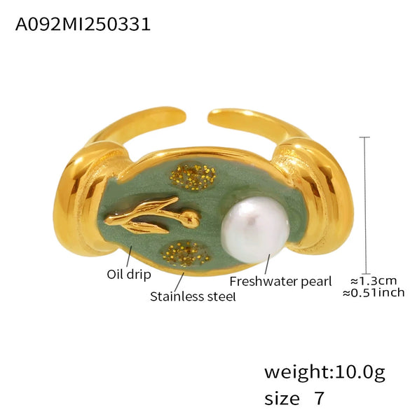 Wholesale Women's 316L Stainless Steel Colored Glaze Freshwater Pearls Geometric Fashion Relief Ring With Electroplating