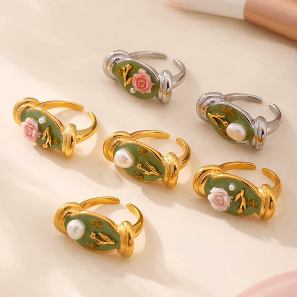 Wholesale Women's 316L Stainless Steel Colored Glaze Freshwater Pearls Geometric Fashion Relief Ring With Electroplating