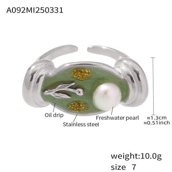 Wholesale Women's 316L Stainless Steel Colored Glaze Freshwater Pearls Geometric Fashion Relief Ring With Electroplating