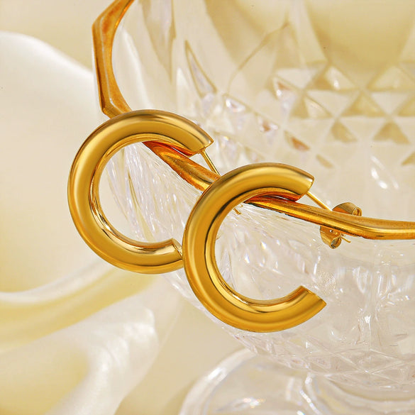 Wholesale Women's Stainless Steel Cshaped Hip Hop Earrings With Geometric Pattern And 18K Gold Plated Treatment