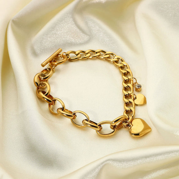 Wholesale Women's Stainless Steel Cuban Chain Oval Chain Double Love Small Round Zirconium Pendant Ot Buckle Bracelet With Heart Pattern 18K Gold Plated