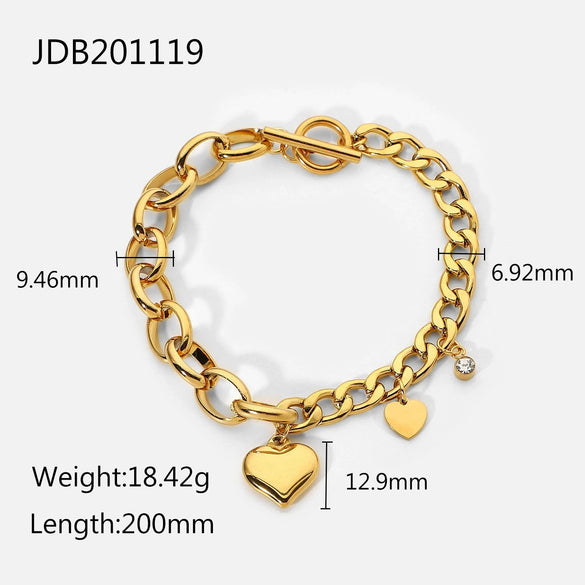 Wholesale Women's Stainless Steel Cuban Chain Oval Chain Double Love Small Round Zirconium Pendant Ot Buckle Bracelet With Heart Pattern 18K Gold Plated