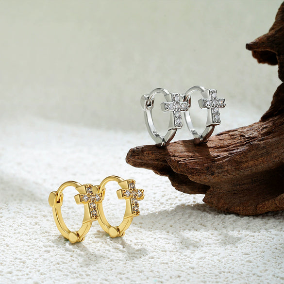 Wholesale Women's Stainless Steel Cute Flower Cross Zircon Earrings 18K Gold Electroplated