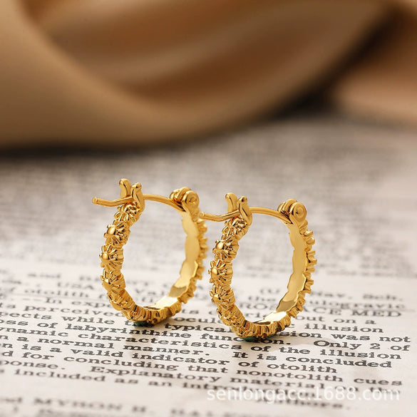Wholesale Women's Stainless Steel Cute Flower Cross Zircon Earrings 18K Gold Electroplated