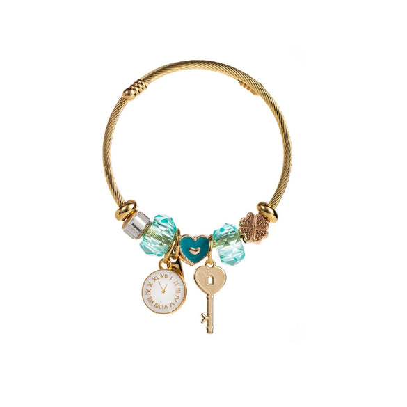 Wholesale Women's Stainless Steel Diamond Bracelet With Cartoon Elephant And Clock Key Pendant