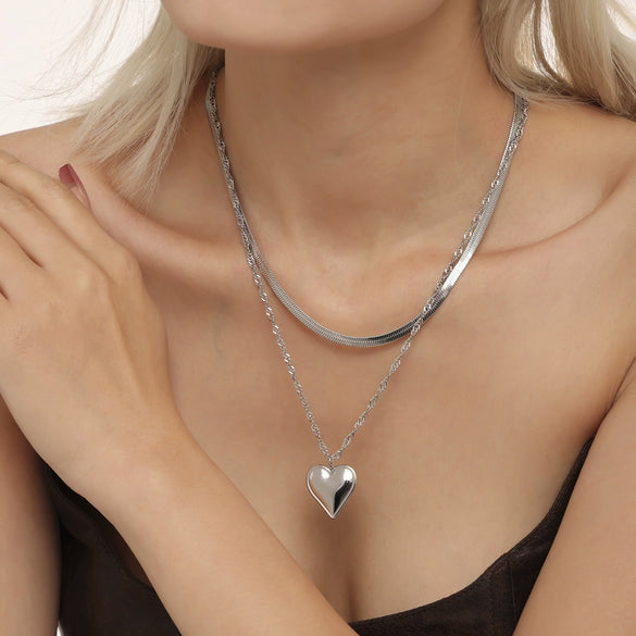 Wholesale Women's 316L Stainless Steel Double Clavicle Necklace With Water Ripple Blade Chain Love Pendant Geometric Pattern 18K Gold Pvd Plated Light Luxury Style
